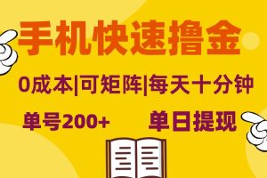 （13090期）手机快速撸金，单号日赚200+，可矩阵，0成本，当日提现，无脑操作网赚项目-副业赚钱-互联网创业-资源整合三网合壹|项目站