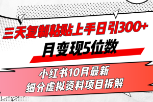 (13077期)三天复制粘贴上手日引300+月变现5位数小红书10月最新 细分虚拟资料项目…网赚项目-副业赚钱-互联网创业-资源整合三网合壹|项目站