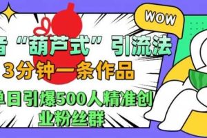 抖音葫芦式引流法,三分钟一条作品,单日引爆抖音500人精准创业粉丝群【揭秘】网赚项目-副业赚钱-互联网创业-资源整合三网合壹|项目站
